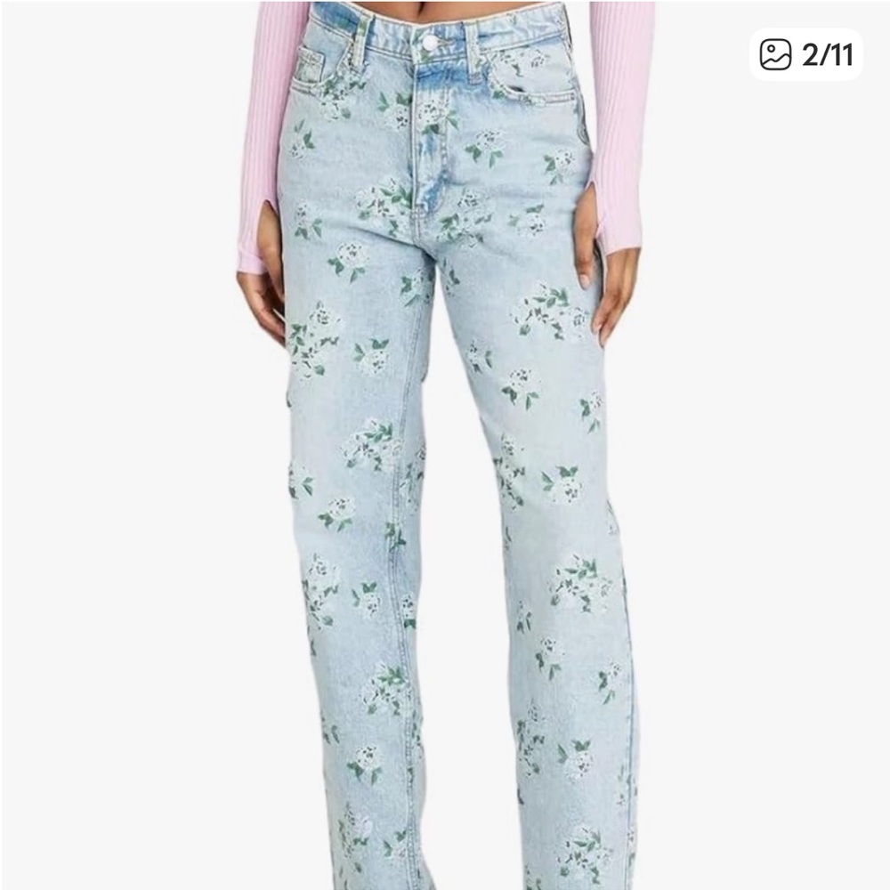 Wild Fable Floral Print High-Rise Jeans - Light Blue with Green Flowers